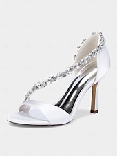 abordables Sandales de Robe-Escarpins à talons hauts en satin champagne pour femmes avec bride en T en cristal – élégants talons aiguilles à bout ouvert pour cocktails et événements formels