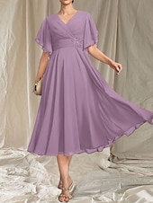 preiswerte Teelänge-A-Linie Brautmutterkleid Hochzeitsgast Elegant V-Ausschnitt Tee-Länge Chiffon Kurzarm mit Applikationen Raffung Midi-Kleid 2025