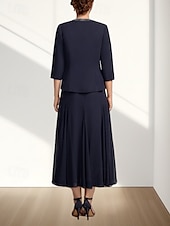 olcso Tea hossza-Két részes A-vonalú menyecske anyukájának ruha Esküvői vendég Elegáns Kerek nyak Tea hosszúságú Chiffon 3/4 Hosszú ujjú Gyöngyözéssel Midi ruha 2025
