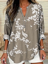 abordables Tops Florales-Mujer Camisa Floral Graphic Vintage Tropical Hawaiano Manga Larga Escote en Pico Tops regulares Diario Festivos Ropa de playa Estampado Rosa Azul Marino Azul Piscina Verde Trébol Caqui Verano