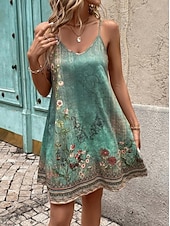 tanie Sukienka boho-Damskie Sukienka mini Sukienka A line Letnie sukienki Sukienka na ramiączkach Sukienka z odkrytymi ramionami Urlop Codzienny Urlop Codzienny Regularny Kwiaty Graficzny Bez rękawów W serek Zielony Lato