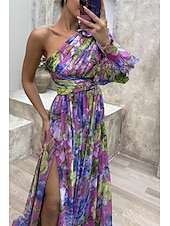 cheap Elegant Floral Dresses-Women&#039;s Long Dress Maxi Dress Prom Dress Party Dress Print Dress Elegant Fashion Party Special Occasion Regular Fit Flower Long Sleeve One Shoulder Yellow Purple Green Summer