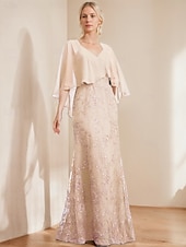 abordables Longueur du plancher-robe trapèze robe mère de la mariée élégante scintillante&amp;amp;Robe longue en mousseline de soie à col en V et manches courtes avec paillettes en dentelle 2025