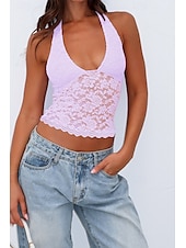 levne Krajkové topy-Dámské Tričko Halenka Bez vzoru Módní Na běžné nošení Bez rukávů Do V Crop Tops Víkend Krajka Slátanina Černá Bílá Fialová Léto