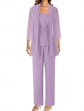 preiswerte Unter 129,99 $-Hosenanzug Brautmutterkleid Hochzeitsgast Elegant Einfach Juwelenhals Bodenlang Polyester Langarm mit Einfarbig 2025