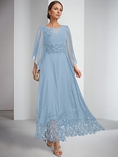 cheap Ankle Length-A-Line Dress Ankle Length Party Dress Cocktail Dress Long Sleeve Jewel Neck Elegant Sparkle &amp; Shine Formal Chiffon Mother of the Bride Dress with Lace Embroidery Solid Color