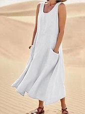 abordables Robes-Femmes Robe Midi Robes en coton et lin Robe en coton et lin Mode Classique Vacances Sortir Week-end Coupe régulière Uni Sans manches Col ras du cou Blanche Rose Claire Orange Kaki Été