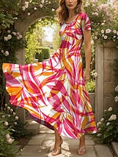 abordables Robes Rayés et Géométriques-Femmes Robe maxi Robe Décontractée Robe trapèze Robe d&#039;été Vacances ancien Ethnique Coupe régulière Graphique Feuille Géométrique Manche Courte Col carré Jaune Rouge Bleu Violet Été Printemps