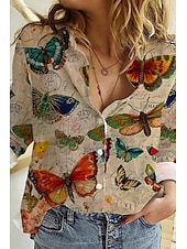 ieftine Bluze și cămăși-Pentru femei Cămașă Bluză Fluture Floare Modern Casual Manșon Lung Guler Cămașă Topuri obișnuite Concediu Ieșire Nasturi Imprimeu Alb Albastru piscină Kaki Bej Albastru Deschis Vară