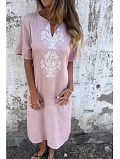 economico Abiti casual bianchi-Per donna Abito Midi Abito in cotone e lino Moda Essenziale Quotidiano Uscire Spiaggia Vestibilità regolare Fiore Manica Corta Scollo a V Bianco Giallo Rosa Vino Estate