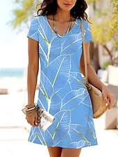abordables Arte &amp; Diseño Vestido-Mujer Mini vestido Vestido estilo camiseta Vestido de una línea Vestido de verano Casual Diario Ajuste regular Graphic Hoja Manga Corta Cuello redondo Verde Claro Rojo Azul Piscina Púrpula Claro