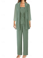 preiswerte Unter 129,99 $-Hosenanzug Brautmutterkleid Hochzeitsgast Elegant Einfach Juwelenhals Bodenlang Polyester Langarm mit Einfarbig 2025