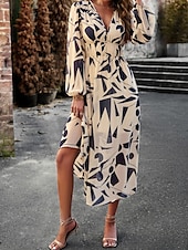 cheap Floral Dress-Women&#039;s Midi Dress A Line Dress Fit And Flare Dress Puff Sleeve Dress Vacation Casual Vacation Daily Regular Fit Graphic Long Sleeve V Neck Red Blue Green Apricot Summer