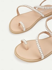 cheap Vacation Sandals-Women&#039;s Pearl Strappy Flat Sandals – Elegant Rhinestone Beach Sandals for Summer, Weddings, and Casual Outings