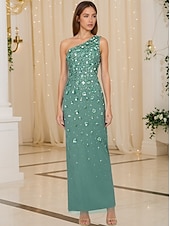 cheap GREEN-Sheath / Column Beaded Gown Celebrity Style Dress Formal Wedding Guest Floor Length Sleeveless One Shoulder Chiffon with Flowers Beading Sequin Slit