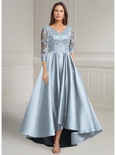 cheap Floor Length-Purple A-Line Mother of the Bride Dress Elegant Vintage V Neck Asymmetrical Satin Long Sleeve with Lace Appliques Solid Color