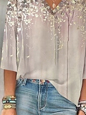 economico Arte &amp; Design Bluse-Blouse da donna a bottoni grafica floreale sfumata stilosa da spiaggia a maniche corte colletto a V top regolari stampa quotidiana khaki estate primavera