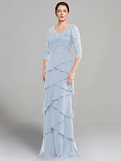 baratos Comprimento do chão-Vestido Sheath Mãe da Noiva Vestido Elegante Decote em V Comprimento do Chão Chiffon Stretch Mangas Médias com Renda Camadas em Cor Sólida