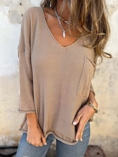 preiswerte Hemden-Damen Bluse Einfarbig Stilvoll Lässig Langarm V-Ausschnitt Reguläre Tops Tägliche Leinenähnliche Knöpfe Tasche Schwarz Weiß Rosa Grün Khaki Sommer Frühling