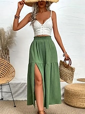 abordables Jupes unies-Femmes Jupe Évasé Mode Occasionnel Maxi Taille haute Jupes Couleur Unie A Volants Fendu Micro-Élastique Décontracté Quotidien Week-end Noir Bleu Vert Été Polyester