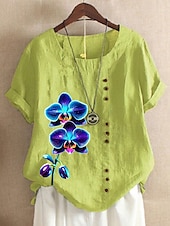 voordelige Overhemden-Dames 100% katoenen blouse bloemenprint vintage casual korte mouw ronde hals normale tops dagelijks uitgaan knopen print gras groen wit roze blauw paars zomer lente