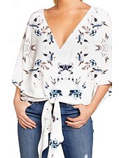 お買い得  フローラルトップス-女性用 シャツ ブラウス グラフィック レオパード カジュアル 半袖 Ｖネック レギュラートップス 祝日 お出かけ プリント 豹柄 ブラック ホワイト イエロー 春