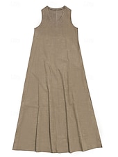 preiswerte Kleider-Damen Midikleid Leinen-inspirierte Kleider Freizeitkleid Baumwoll-Leinenkleid Sommerkleid Mode Basic Urlaub Täglich Ausgehen Normale Passform Einfach Ärmellos V Ausschnitt Leicht Braun Khaki Leicht