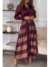 cheap Work Dresses-Women&#039;s Long Dress Maxi Dress Cocktail Dress Fashion Tea Party Going out Weekend Regular Fit Striped Long Sleeve V Neck Black Wine Summer