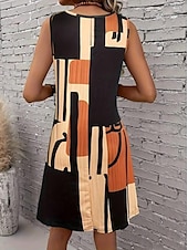 cheap Stripe&amp;Geometric Dress-Women&#039;s Mini Dress Summer Dress Vacation Casual Beach Vacation Daily Beach Loose Fit Graphic Striped Geometry Sleeveless Crew Neck Dark Pink Brown Summer Spring