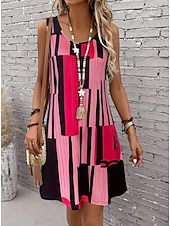 cheap Stripe&amp;Geometric Dress-Women&#039;s Mini Dress Summer Dress Vacation Casual Beach Vacation Daily Beach Loose Fit Graphic Striped Geometry Sleeveless Crew Neck Dark Pink Brown Summer Spring