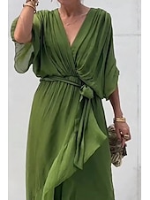 abordables Robe de cocktail-Femme Robe mi-longue robe cocktail Robe d&#039;été Mode Manche Chauve-souris Vacances Rendez-vous Sortie Standard Plein Demi Manches Col V Bleu Violet Vert Printemps