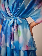 billige Kjoler med trykt mønster-Dame Lang kjole Maxikjole Kjole med A-linje Elegant Formelt Stevnemøte Normal Blomstret Halvlange ermer V-hals Blå Sommer