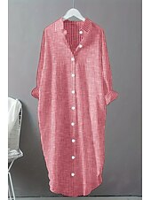 abordables concevoir des robes en coton et lin-Femmes Robe Midi Robes inspirées du lin Robe Chemise Robe en coton et lin Mode Basique Classique Quotidien Fête Week-end Coupe régulière Rayé manche longue Col de chemise Noir Rouge Été