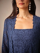 ieftine Rochii Party-Pentru femei Set de rochii Rochie A line Rochii Semi Formale Dantelă Rochii Midi Lungime Manșon 3/4 Pătrat Invitat la nunta Bleumarin Vară Primăvară Fit regulat