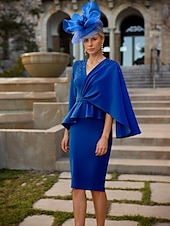 preiswerte Teelänge-Lavendel Perlen Column Brautmutterkleid Elegant Vintage V-Ausschnitt Tee Länge Stretch-Stoff Halbärmel mit Spitzenperlen Etagen Midi Kleid 2025