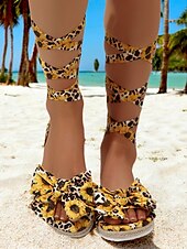 billige Ferietøfler-solsikke-gladiatorsandaler for kvinner – flate sandaler med snøring med sløyfedetalj og leopardprint for sommerstrandtøy og feriestil