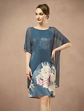 abordables Moins de 129,99 $-Robe Mère de la Mariée Colonne Sheath Élégante Col Ronde Longueur Thé Mousseline Satin Manches Courtes avec Fleur Couleur Unie Robe de Mariage Invité 2025