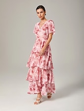 abordables Robes décontractées-Robe longue décontractée pour femme, tenue de soirée, col en V, manches courtes, coupe trapèze, imprimé floral, volants superposés, tenue de tous les jours, jupe gâteau, taille ajustée, robe longue