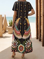 olcso Boho ruhák-Női Midi ruha Nyári ruha A vonalú ruha Szabadság Alkalmi Boho Pillangó Vakáció Alkalmi Normál Virágos Grafika Törzsi Rövid ujjú Kerek nyakkivágás Fekete Nyár