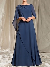 halpa Lattian pituus-A-linja Morsiamen äidin mekko Häiden vieras Elegantti Crew-kaula-aukko Lattianpituinen Chiffon 3/4-pituisella hihalla Helmiäistyksellä