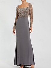 preiswerte Abendkleider-Meerjungfrau/Trompete Abendkleid elegantes Kleid formelle Abendparty bodenlang Langarm quadratischer Ausschnitt Stretch-Crêpe mit Perlenkristallen 2025