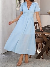 preiswerte Einfaches Kleid-Damen Maxi Kleid A-Linie Kleid Einfarbig Fit And Flare Kleid Puffärmelkleid Lässig Urlaub Täglich Reguläre Passform Grafik Kurzarm V-Ausschnitt Schwarz Gelb Pink Himmel Blau Sommer