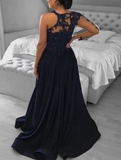 economico BLU-Abito da sera A-Line abito vintage gala black tie chiesa strascico  spazzola lunghe maniche spalla unica crepe elasticizzato schiena a scala con glitter paillettes spacco