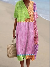abordables Robes Rayés et Géométriques-Robe midi féminine robe d&#039;été robe en A lin vacances décontractée plage sortie coupe ample graphique géométrique à manches courtes col en V blanc rose rouge khaki été