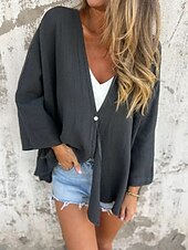 billige Skjorter-Kvinne Bomull Lin Bluse Shrugs Solid Farge Grunnleggende Gammel Lange Ermer V-Hals Vanlige Topper Daglig Knapper Svart Oransje Brun Grønn Mørk Grå Sommer