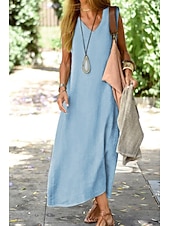 preiswerte Kleider-Damen Midikleid Leinen-inspirierte Kleider Freizeitkleid Baumwoll-Leinenkleid Sommerkleid Mode Basic Urlaub Täglich Ausgehen Normale Passform Einfach Ärmellos V Ausschnitt Leicht Braun Khaki Leicht