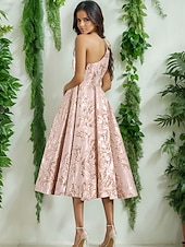 cheap Cocktail Dresses-Evening Gown Jacquard Brocade Pleated Dress Formal Wedding Tea Length Sleeveless One Shoulder with Bow(s) Wedding Guest Dress