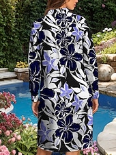 ieftine rochie florală-Pentru femei Rochii Midi Rochii Tricou Casual Dată Potrivire Largă Floral Grafic Manșon Lung Guler Cămașă Albastru piscină Toamnă Iarnă