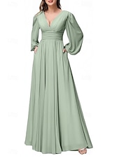 economico Abiti da damigella-abito da damigella a trapezio scollo a V manica lunga elegante lunghezza pavimento in chiffon con pieghe / spacco frontale / arricciatura 2025