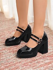 cheap 1980s-Women&#039;s 1980s Retro Double Strap Mary Jane Heels – Green Patent Leather Block Heel Platform Shoes for Vintage-Inspired Fashion, Parties, and Casual Wear